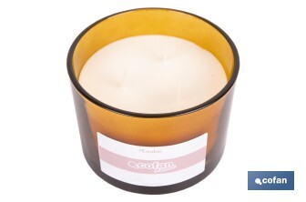 Vela aromática Cookie de 3 mechas | Cera de soja | Aroma a canela napolitana | Vaso de vidrio ámbar decorativo | Duración de combustión: 35 horas - Cofan