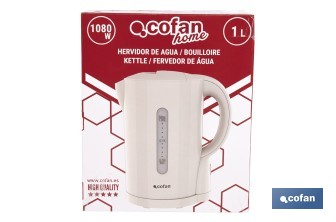 Hervidor eléctrico de agua beige | Capacidad: 1 Litro | Potencia: 1080 W | Hervidor compacto con control Strix | Ideal para cocinas y oficinas - Cofan