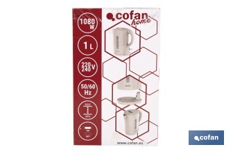 Hervidor eléctrico de agua beige | Capacidad: 1 Litro | Potencia: 1080 W | Hervidor compacto con control Strix | Ideal para cocinas y oficinas - Cofan
