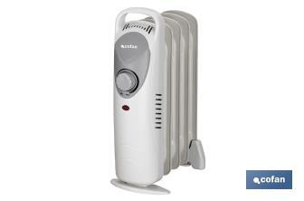 Mini radiador de aceite | Potencia: 450 W | Termostato regulable | Seguridad antiincendios | Color: blanco | Medidas: 26 x 13 x 41 cm - Cofan