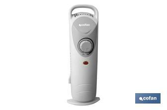 Mini radiador de aceite | Potencia: 450 W | Termostato regulable | Seguridad antiincendios | Color: blanco | Medidas: 26 x 13 x 41 cm - Cofan