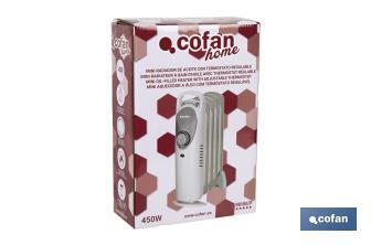 Mini radiador de aceite | Potencia: 450 W | Termostato regulable | Seguridad antiincendios | Color: blanco | Medidas: 26 x 13 x 41 cm - Cofan