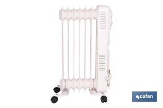 Radiador de aceite con termostato y ventilador | 1500 W + 400 W | 7 elementos | 3 niveles de potencia | Color blanco - Cofan
