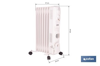 Radiador de aceite con termostato y ventilador | 1500 W + 400 W | 7 elementos | 3 niveles de potencia | Color blanco - Cofan