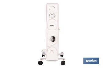 Radiador de aceite con termostato y ventilador | 1500 W + 400 W | 7 elementos | 3 niveles de potencia | Color blanco - Cofan