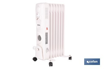 Radiador de aceite con termostato y ventilador | 1500 W + 400 W | 7 elementos | 3 niveles de potencia | Color blanco - Cofan