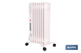 Radiador de aceite con termostato y ventilador | 1500 W + 400 W | 7 elementos | 3 niveles de potencia | Color blanco - Cofan