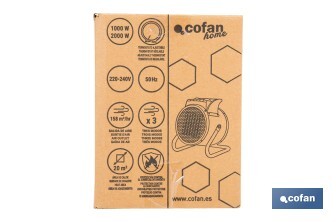 Calefactor cerámico industrial | Potencia: 2000 W | Diseño portátil | Termostato ajustable | Protección térmica - Cofan