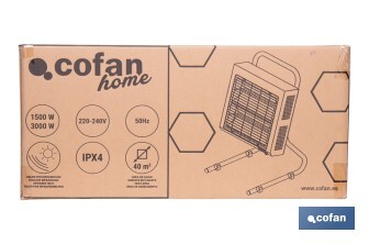 Calefactor de onda corta por infrarrojos | Potencia: 1500/3000 W | Protección IPX4 | Alta eficiencia para entornos de hasta 40 m2 - Cofan