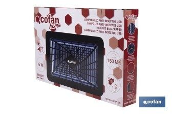 Lámpara LED antiinsectos para Interior | Potencia: 6 W | Cobertura 150 m² | Luz UV-A Dual 365+395 nm | Alimentación: USB | Montaje en Pared - Cofan