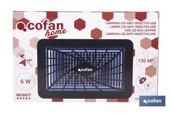Lámpara LED antiinsectos para Interior | Potencia: 6 W | Cobertura 150 m² | Luz UV-A Dual 365+395 nm | Alimentación: USB | Montaje en Pared - Cofan