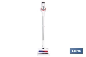 Aspiradora sin cable con base de carga | Potencia de succión: 180 AW | Potencia ciclónica: 32 kPa | 4 velocidades | Filtro HEPA lavable | Batería de litio 25,9 V | Color: blanco - Cofan