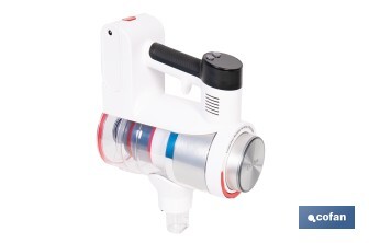 Aspiradora sin cable con base de carga | Potencia de succión: 180 AW | Potencia ciclónica: 32 kPa | 4 velocidades | Filtro HEPA lavable | Batería de litio 25,9 V | Color: blanco - Cofan