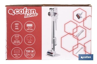 Aspiradora sin cable con base de carga | Potencia de succión: 180 AW | Potencia ciclónica: 32 kPa | 4 velocidades | Filtro HEPA lavable | Batería de litio 25,9 V | Color: blanco - Cofan