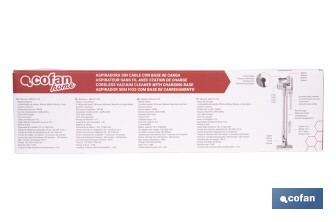 Aspiradora sin cable con base de carga | Potencia de succión: 180 AW | Potencia ciclónica: 32 kPa | 4 velocidades | Filtro HEPA lavable | Batería de litio 25,9 V | Color: blanco - Cofan