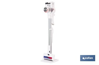 Aspiradora sin cable con base de carga | Potencia de succión: 180 AW | Potencia ciclónica: 32 kPa | 4 velocidades | Filtro HEPA lavable | Batería de litio 25,9 V | Color: blanco - Cofan