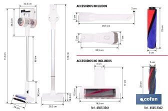 Aspiradora sin cable con base de carga | Potencia de succión: 180 AW | Potencia ciclónica: 32 kPa | 4 velocidades | Filtro HEPA lavable | Batería de litio 25,9 V | Color: blanco - Cofan