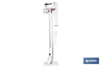 Aspiradora sin cable con base de carga | Potencia de succión: 180 AW | Potencia ciclónica: 32 kPa | 4 velocidades | Filtro HEPA lavable | Batería de litio 25,9 V | Color: blanco - Cofan