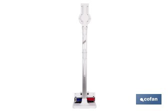 Aspiradora sin cable con base de carga | Potencia de succión: 180 AW | Potencia ciclónica: 32 kPa | 4 velocidades | Filtro HEPA lavable | Batería de litio 25,9 V | Color: blanco - Cofan