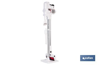 Aspiradora sin cable con base de carga | Potencia de succión: 180 AW | Potencia ciclónica: 32 kPa | 4 velocidades | Filtro HEPA lavable | Batería de litio 25,9 V | Color: blanco - Cofan