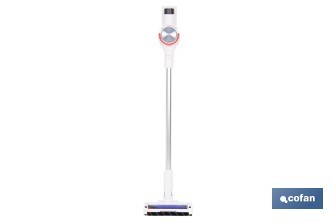 Aspiradora eléctrica sin cable con soporte a la pared | Potencia de succión: 180 AW | Potencia ciclónica: 32 kPa | 4 velocidades | Filtro HEPA lavable | Batería de litio 25,9 V | Color: blanco - Cofan