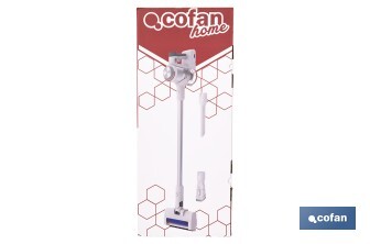 Aspiradora eléctrica sin cable con soporte a la pared | Potencia de succión: 180 AW | Potencia ciclónica: 32 kPa | 4 velocidades | Filtro HEPA lavable | Batería de litio 25,9 V | Color: blanco - Cofan