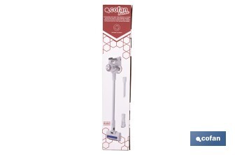 Aspiradora eléctrica sin cable con soporte a la pared | Potencia de succión: 180 AW | Potencia ciclónica: 32 kPa | 4 velocidades | Filtro HEPA lavable | Batería de litio 25,9 V | Color: blanco - Cofan