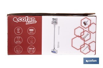 Aspiradora eléctrica sin cable con soporte a la pared | Potencia de succión: 180 AW | Potencia ciclónica: 32 kPa | 4 velocidades | Filtro HEPA lavable | Batería de litio 25,9 V | Color: blanco - Cofan
