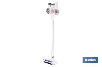Aspiradora eléctrica sin cable con soporte a la pared | Potencia de succión: 180 AW | Potencia ciclónica: 32 kPa | 4 velocidades | Filtro HEPA lavable | Batería de litio 25,9 V | Color: blanco - Cofan