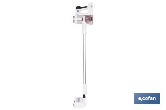 Aspiradora eléctrica sin cable con soporte a la pared | Potencia de succión: 180 AW | Potencia ciclónica: 32 kPa | 4 velocidades | Filtro HEPA lavable | Batería de litio 25,9 V | Color: blanco - Cofan