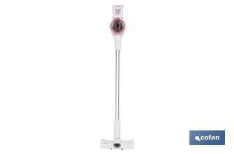 Aspiradora eléctrica sin cable con soporte a la pared | Potencia de succión: 180 AW | Potencia ciclónica: 32 kPa | 4 velocidades | Filtro HEPA lavable | Batería de litio 25,9 V | Color: blanco - Cofan