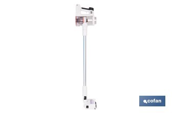 Aspiradora eléctrica sin cable con soporte a la pared | Potencia de succión: 180 AW | Potencia ciclónica: 32 kPa | 4 velocidades | Filtro HEPA lavable | Batería de litio 25,9 V | Color: blanco - Cofan