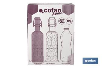 Botella de vidrio transparente con tapón de acero inoxidable | Capacidad: 1 litro - Cofan