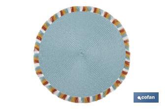 Bajoplatos redondos con flecos de colores | Color: azul | Salvamanteles individuales | Packs de 6 unidades | Diámetro: 38 cm - Cofan