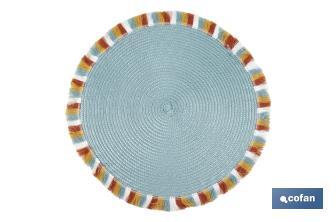Bajoplatos redondos con flecos de colores | Color: azul | Salvamanteles individuales | Packs de 6 unidades | Diámetro: 38 cm - Cofan