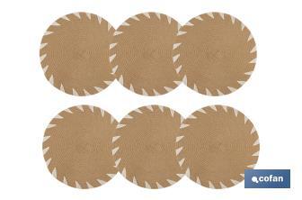 Bajoplatos redondos con detalles decorativos | Packs de 6 salvamanteles individuales | Diámetro: 38 cm | Color: beige y blanco - Cofan