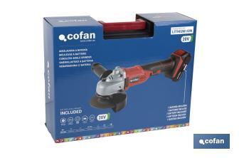 Amoladora a batería | Batería Li-ion de 20V y 2,0 Ah + Cargador incluidos | Apta para discos de ø115 mm - Cofan