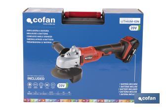 Amoladora a batería | Batería Li-ion de 20V y 2,0 Ah + Cargador incluidos | Apta para discos de ø115 mm - Cofan