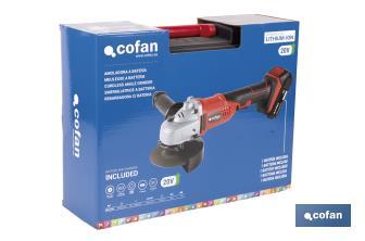 Amoladora a batería | Batería Li-ion de 20V y 2,0 Ah + Cargador incluidos | Apta para discos de ø115 mm - Cofan