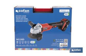 Amoladora a batería | Batería Li-ion de 20V y 2,0 Ah + Cargador incluidos | Apta para discos de ø115 mm - Cofan
