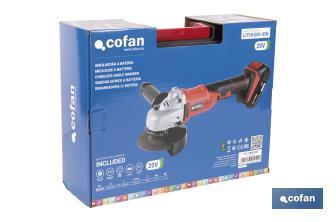 Amoladora a batería | Batería Li-ion de 20V y 2,0 Ah + Cargador incluidos | Apta para discos de ø115 mm - Cofan