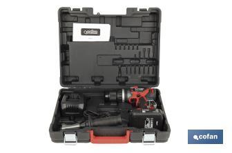 Taladro percutor y atornillador sin escobillas | 2 velocidades | Incluye maletín con batería Li-Ion de 20 voltios y 2.0 Ah + cargador - Cofan