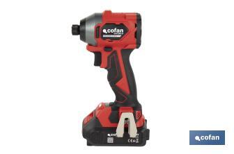 Atornillador percutor de impacto sin escobillas | Para puntas 1/4" Hex | Control de velocidad variable | Maletín, batería Li-ion de 20V y 2,0 Ah y cargador incluido - Cofan