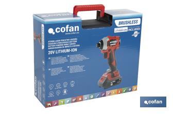 Atornillador percutor de impacto sin escobillas | Para puntas 1/4" Hex | Control de velocidad variable | Maletín, batería Li-ion de 20V y 2,0 Ah y cargador incluido - Cofan