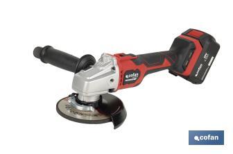 Amoladora a batería sin escobillas | Velocidad variable | Mango 3 posiciones | Incluye: batería de 20 V y 4.0 Ah, cargador y maletín con disco de corte, protector y mango auxiliar - Cofan