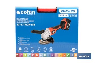 Amoladora a batería sin escobillas | Velocidad variable | Mango 3 posiciones | Incluye: batería de 20 V y 4.0 Ah, cargador y maletín con disco de corte, protector y mango auxiliar - Cofan