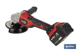 Amoladora a batería sin escobillas | Velocidad variable | Mango 3 posiciones | Incluye: batería de 20 V y 4.0 Ah, cargador y maletín con disco de corte, protector y mango auxiliar - Cofan