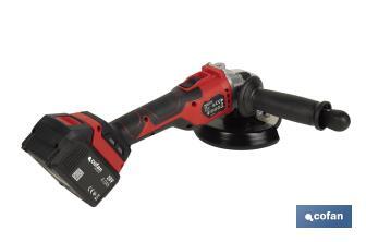 Amoladora a batería sin escobillas | Velocidad variable | Mango 3 posiciones | Incluye: batería de 20 V y 4.0 Ah, cargador y maletín con disco de corte, protector y mango auxiliar - Cofan