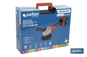 Amoladora a batería sin escobillas | Velocidad variable | Mango 3 posiciones | Incluye: batería de 20 V y 4.0 Ah, cargador y maletín con disco de corte, protector y mango auxiliar - Cofan