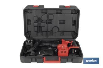 Martillo perforador SDS Plus sin escobillas multifunción | Taladra, percute y cincela | Incluye: maletín con accesorios, portabrocas automático con adaptador SDS PLUS, batería Li-Ion de 20 V y cargador - Cofan